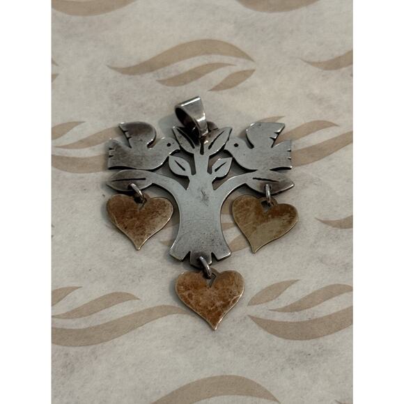 James Avery Retired Silver Tree Two Doves Dangling Hearts 14K Bonded Pendant - Picture 1 of 3